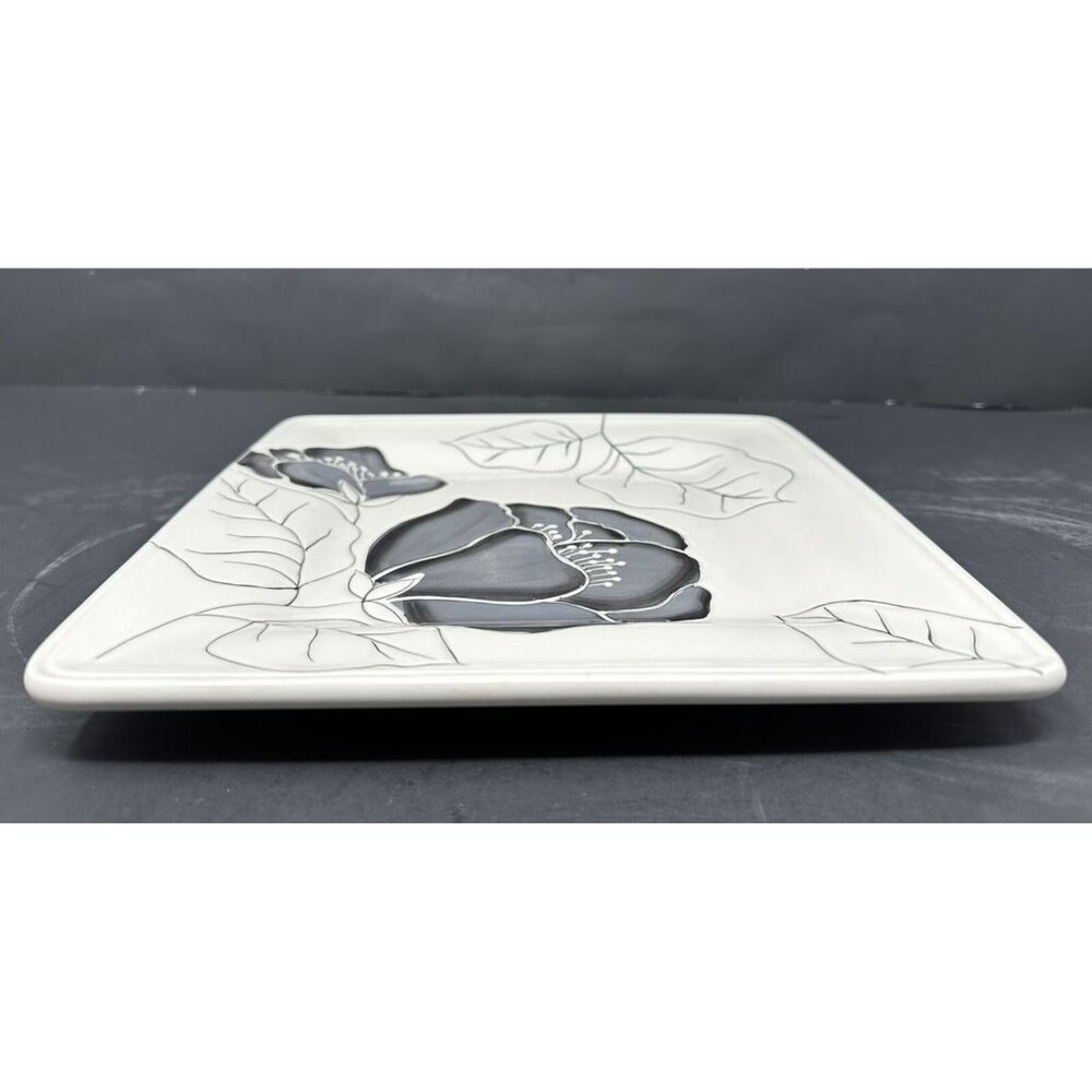 LAURIE GATES ANNA BLOOM BLACK Square Salad Luncheon Plate ~ Black Gray Flowers - Picture 7 of 9